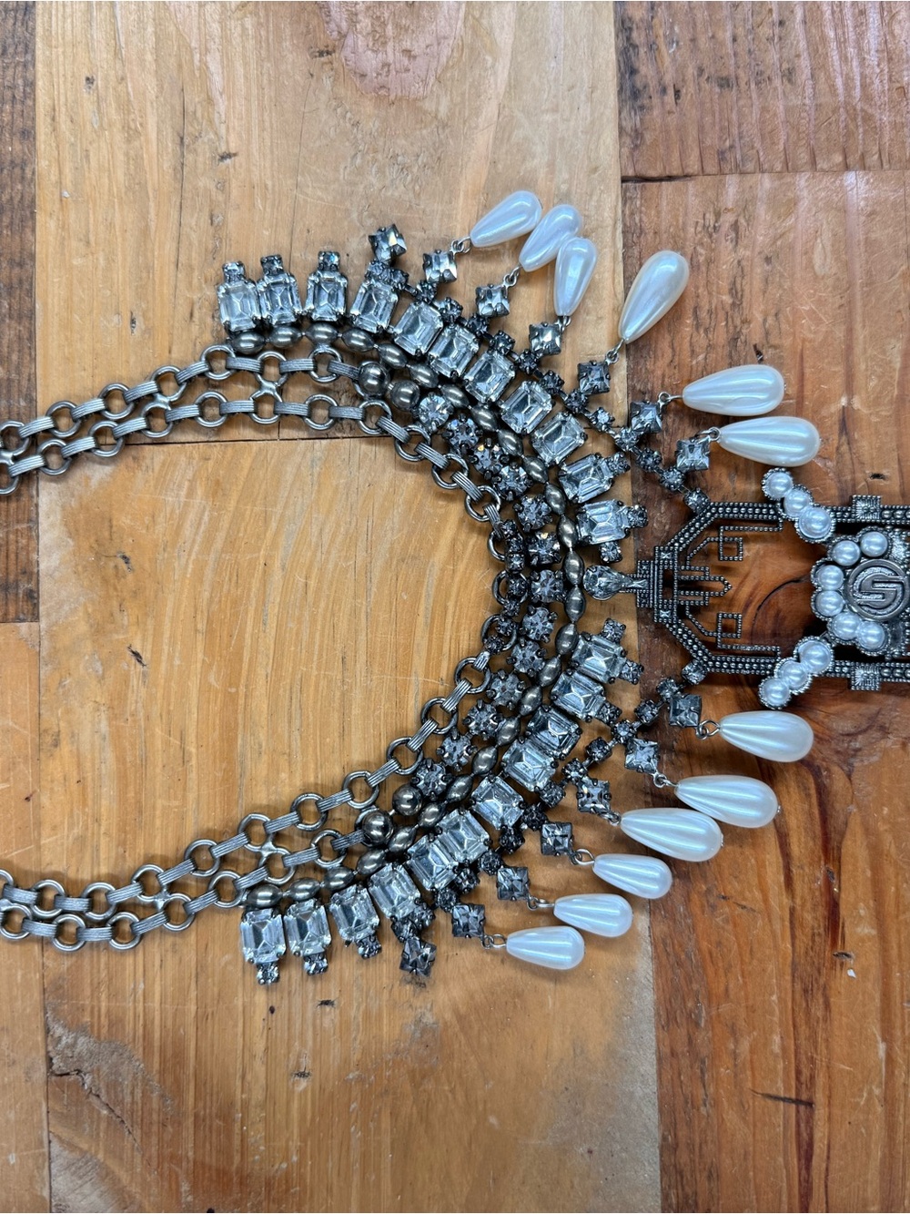 Statement Silver-Tone Necklace with Pearl Teardrops